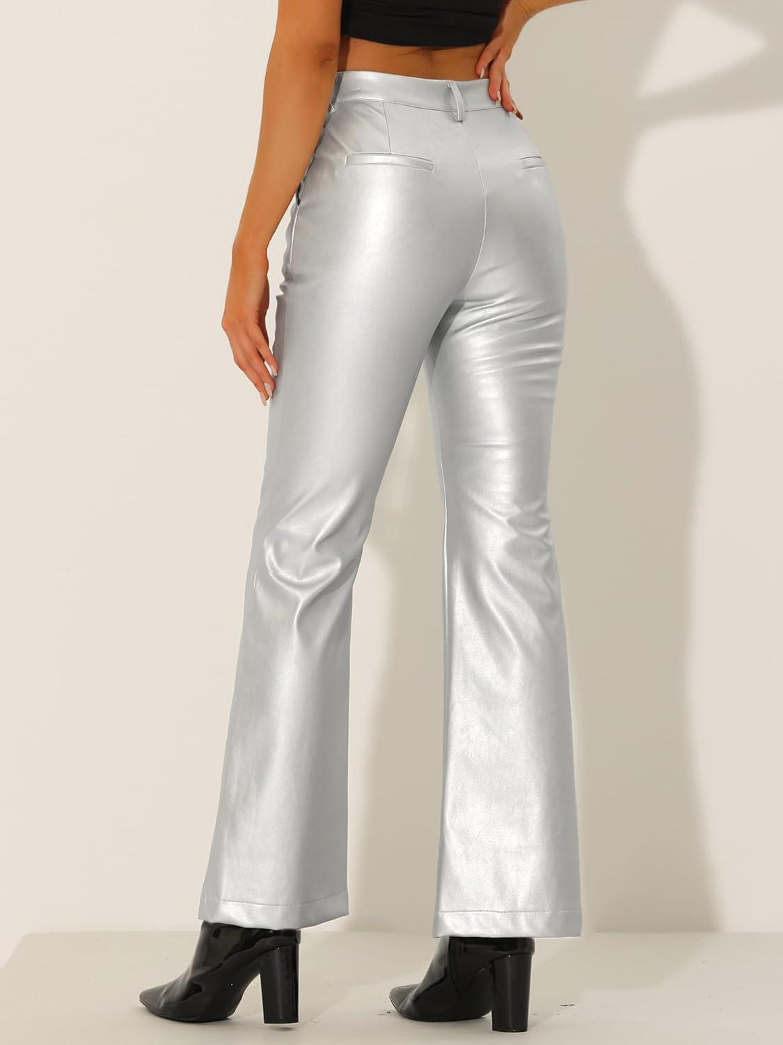 imageAllegra K Faux Leather Casual Pant for Womens High Waist Bell Bottom Flared Long PU TrouserSilver