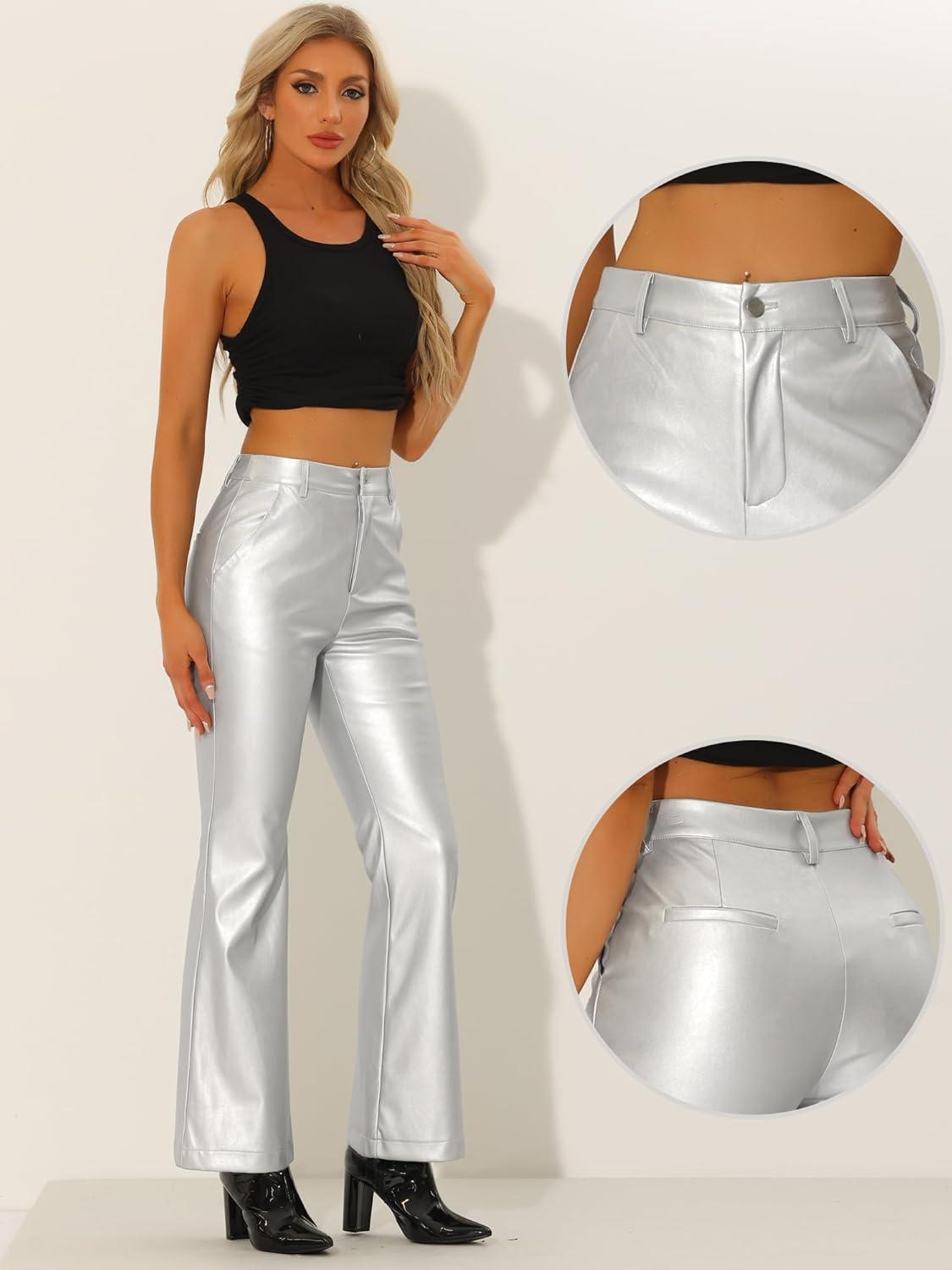 imageAllegra K Faux Leather Casual Pant for Womens High Waist Bell Bottom Flared Long PU TrouserSilver