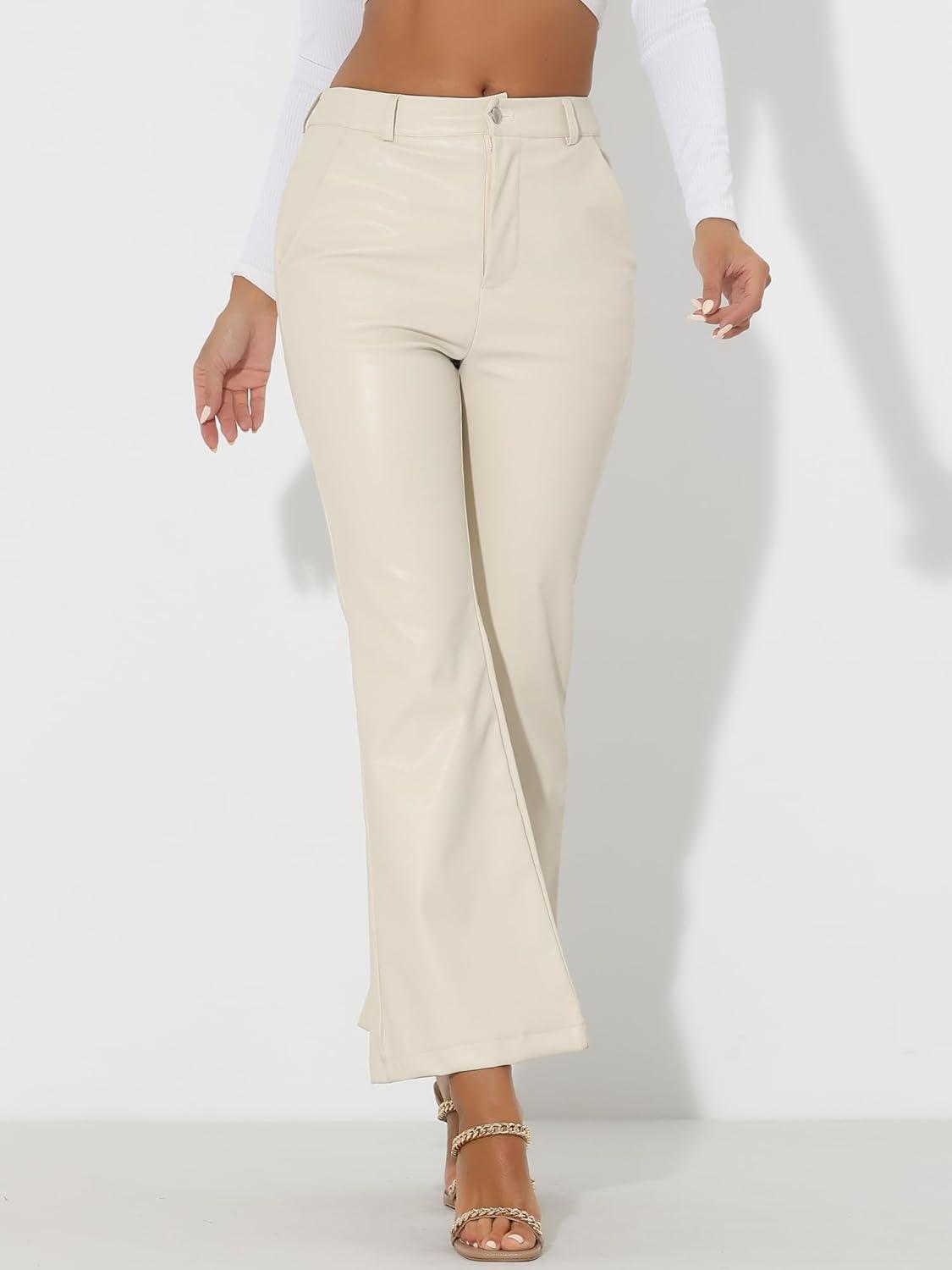 imageAllegra K Faux Leather Casual Pant for Womens High Waist Bell Bottom Flared Long PU TrouserWhite