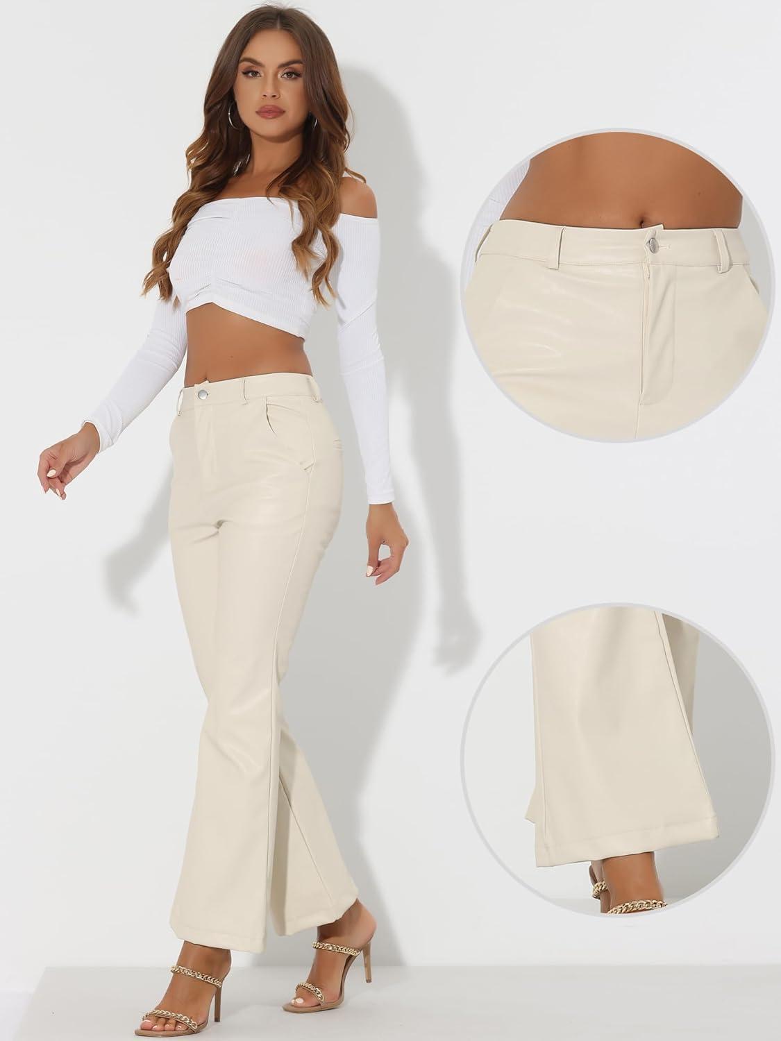 imageAllegra K Faux Leather Casual Pant for Womens High Waist Bell Bottom Flared Long PU TrouserWhite