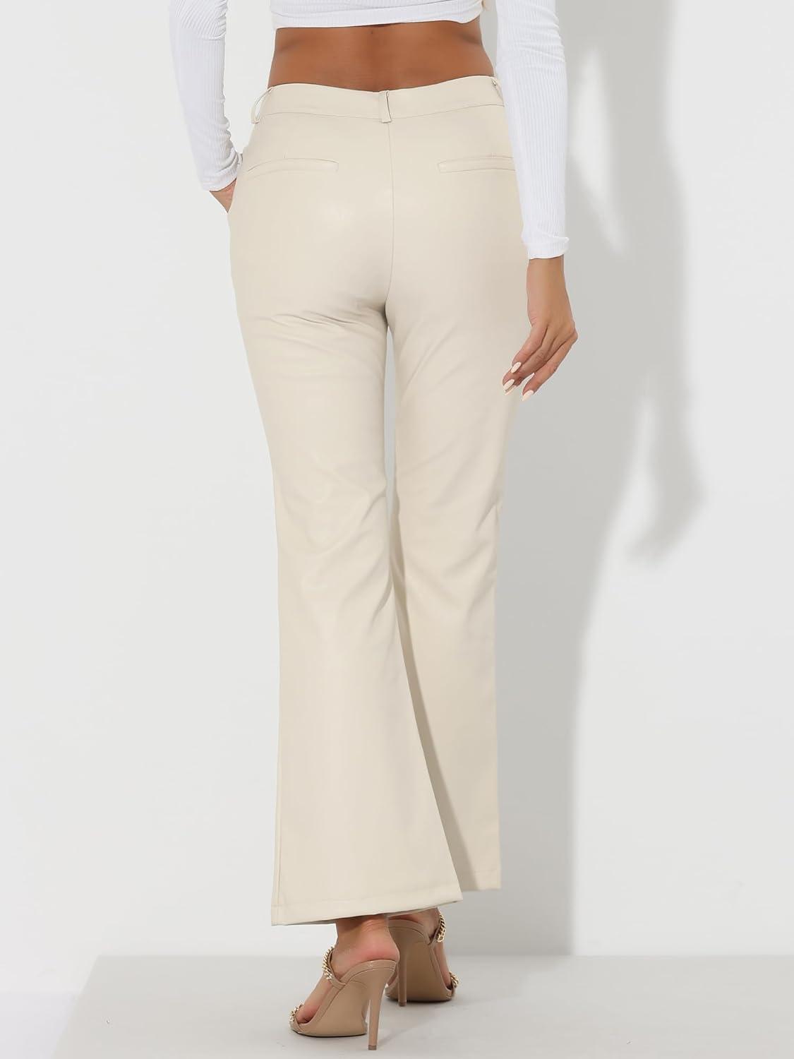 imageAllegra K Faux Leather Casual Pant for Womens High Waist Bell Bottom Flared Long PU TrouserWhite