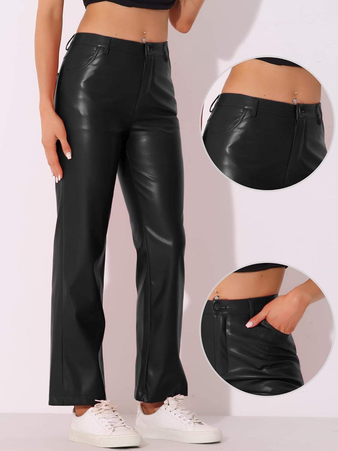 imageAllegra K Faux Leather Pants for Womens High Waist Straight Leg Punk PU TrousersBlack