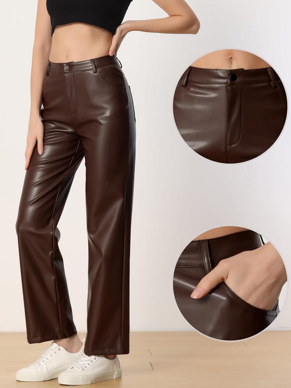 imageAllegra K Faux Leather Pants for Womens High Waist Straight Leg Punk PU TrousersBrown