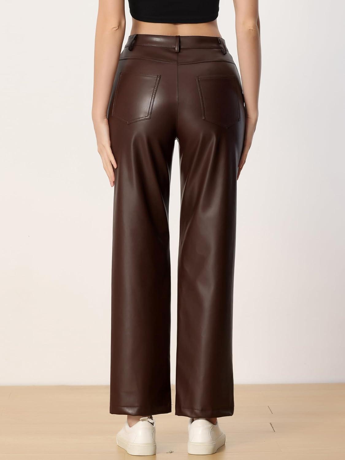 imageAllegra K Faux Leather Pants for Womens High Waist Straight Leg Punk PU TrousersBrown
