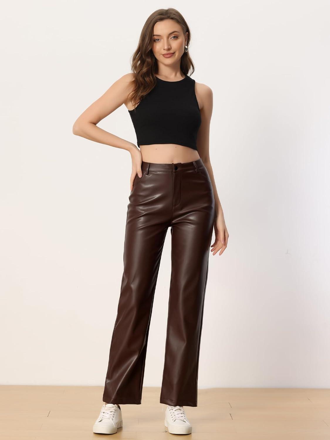 imageAllegra K Faux Leather Pants for Womens High Waist Straight Leg Punk PU TrousersBrown