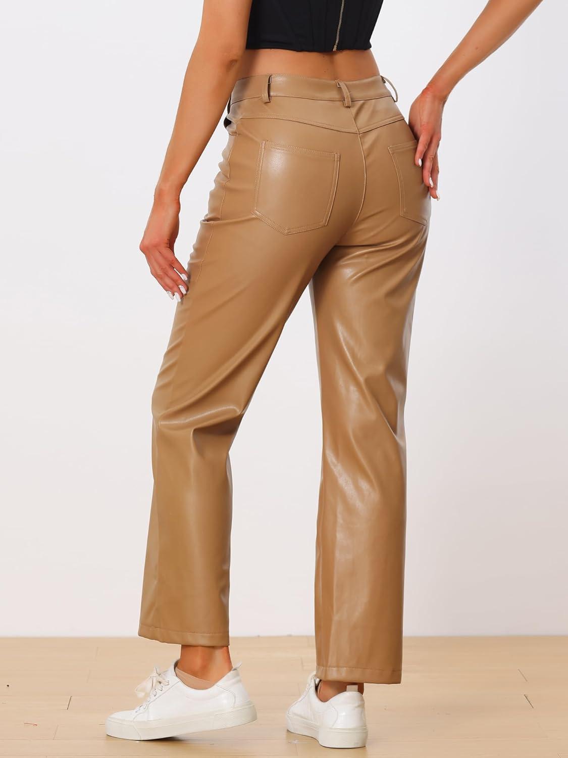 imageAllegra K Faux Leather Pants for Womens High Waist Straight Leg Punk PU TrousersKhaki