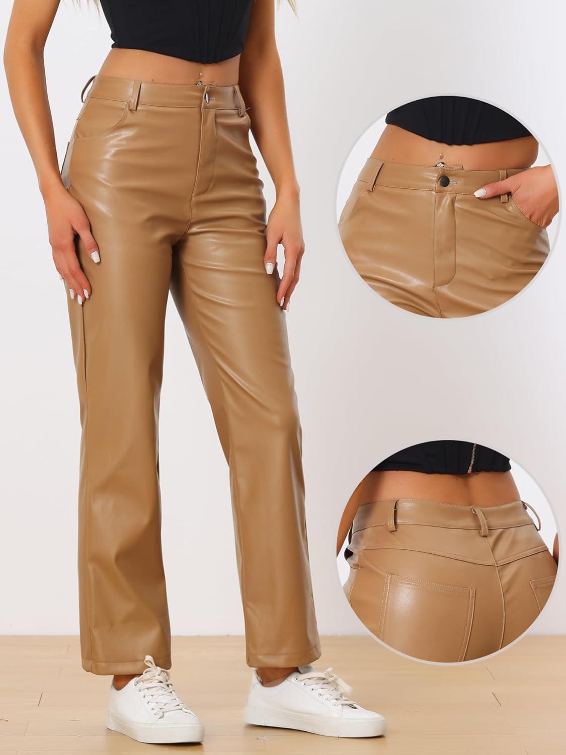 imageAllegra K Faux Leather Pants for Womens High Waist Straight Leg Punk PU TrousersKhaki