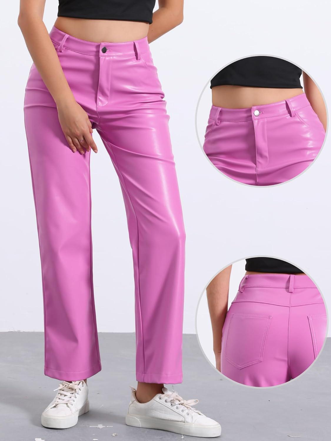 imageAllegra K Faux Leather Pants for Womens High Waist Straight Leg Punk PU TrousersPink