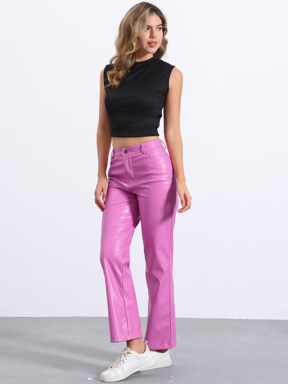 imageAllegra K Faux Leather Pants for Womens High Waist Straight Leg Punk PU TrousersPink