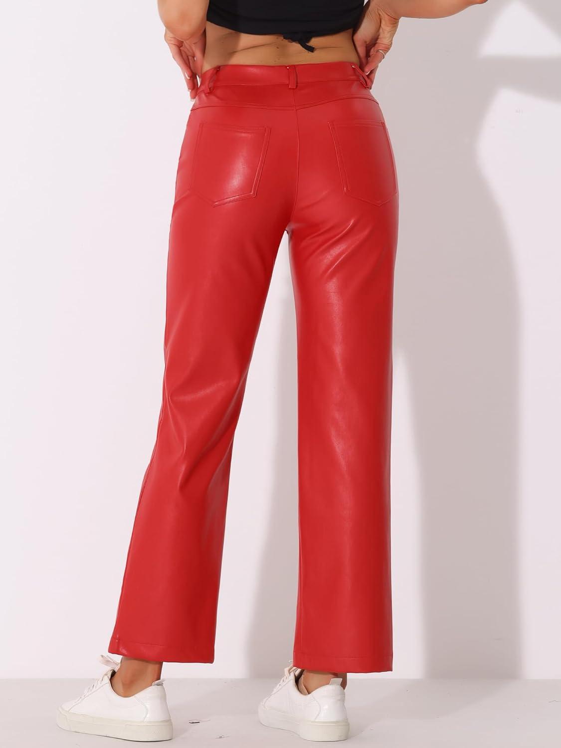 imageAllegra K Faux Leather Pants for Womens High Waist Straight Leg Punk PU TrousersRed