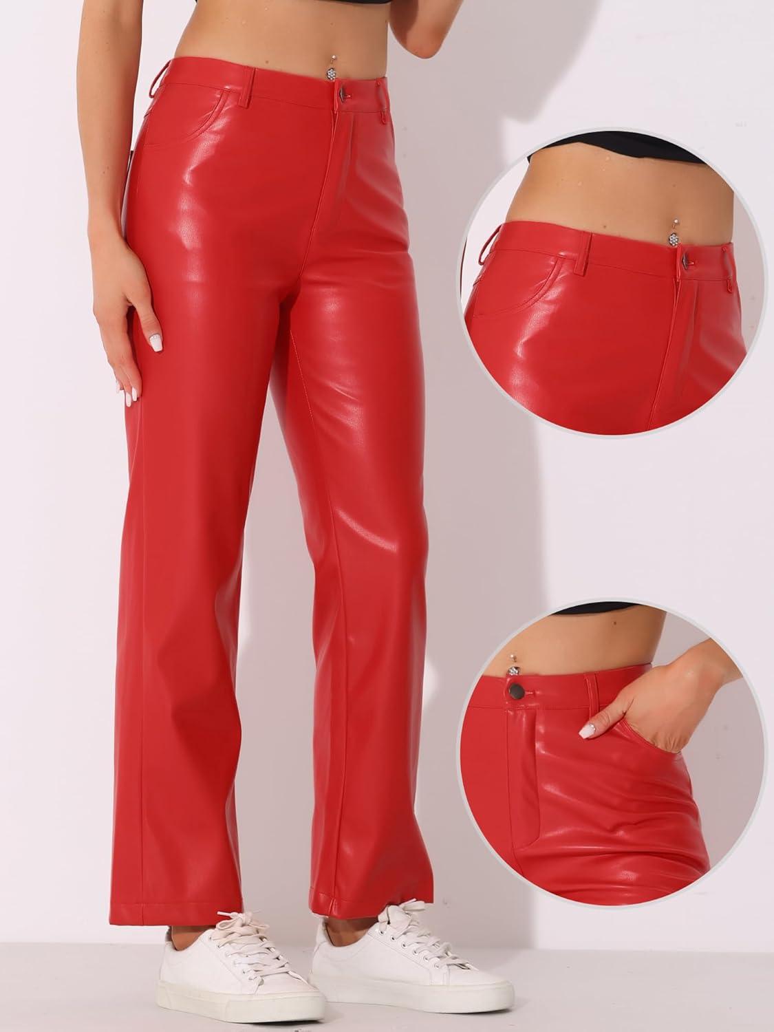 imageAllegra K Faux Leather Pants for Womens High Waist Straight Leg Punk PU TrousersRed