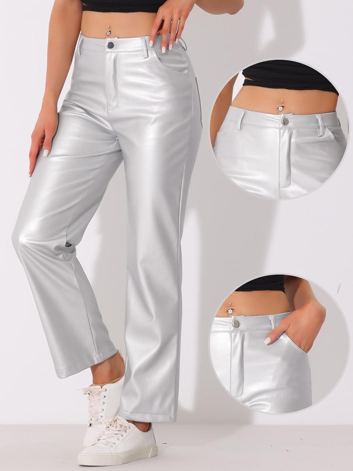imageAllegra K Faux Leather Pants for Womens High Waist Straight Leg Punk PU TrousersSilver