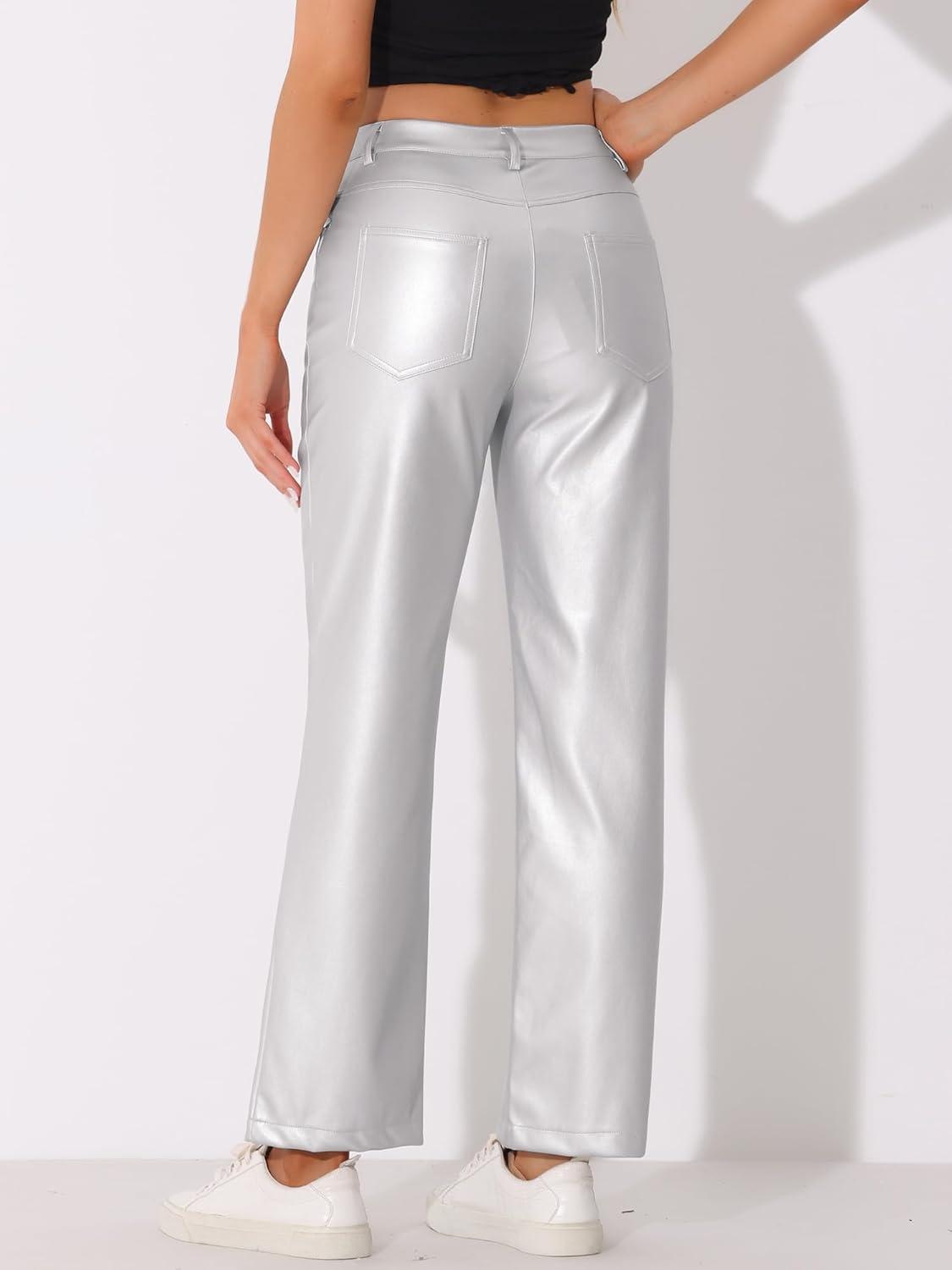 imageAllegra K Faux Leather Pants for Womens High Waist Straight Leg Punk PU TrousersSilver