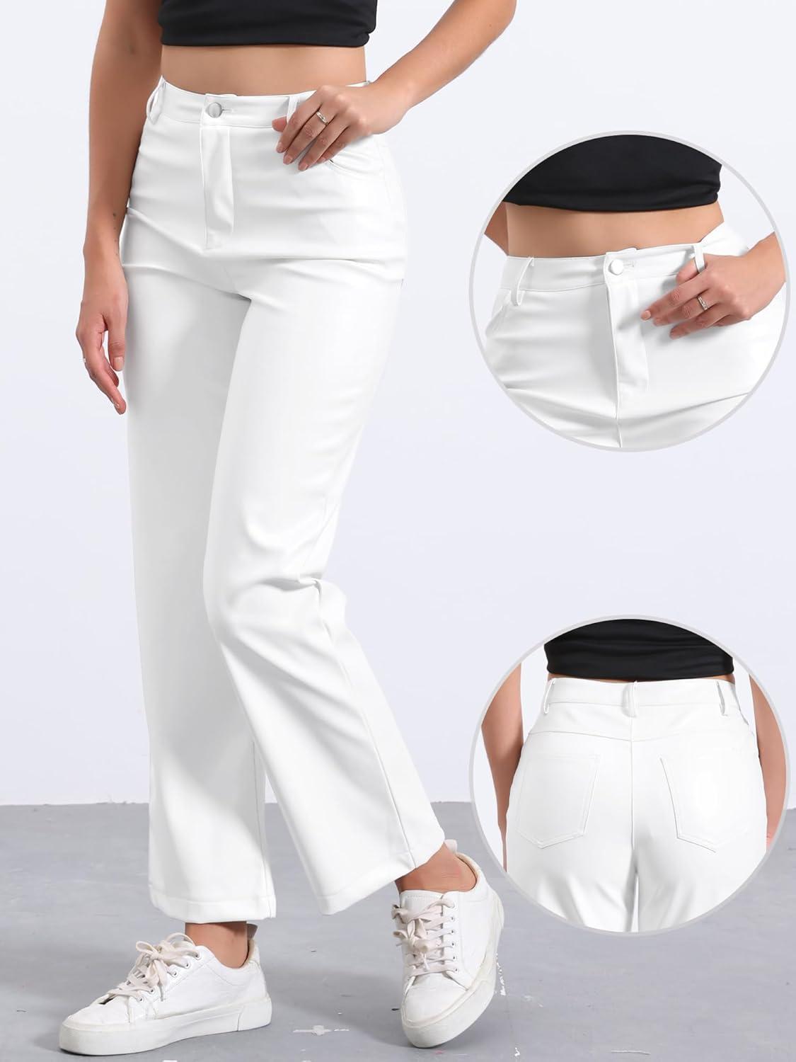 imageAllegra K Faux Leather Pants for Womens High Waist Straight Leg Punk PU TrousersWhite