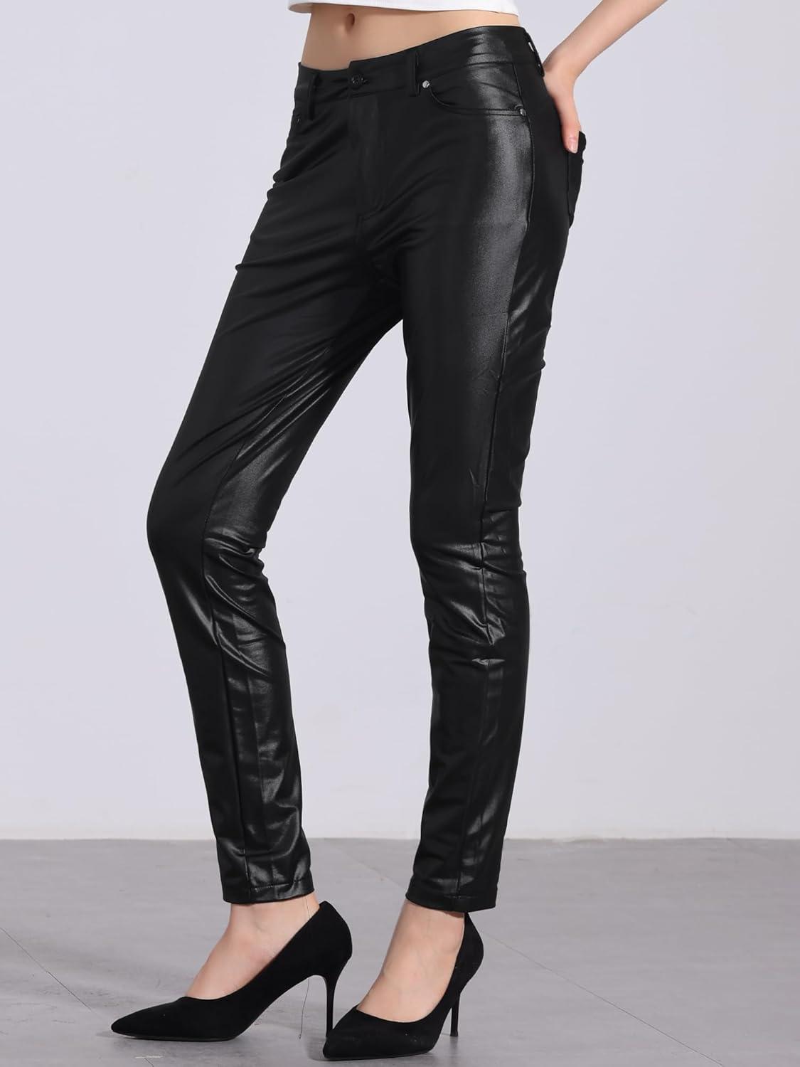 imageAllegra K Faux Leather Pants for Womens High Waist Stretch Slim Fit Motorcycle Legging PantsBlack