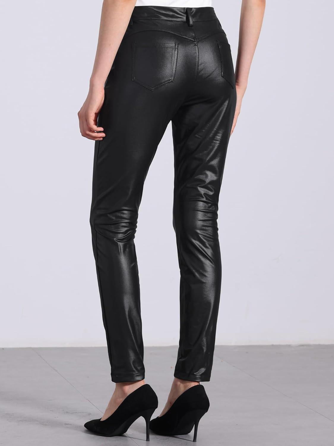 imageAllegra K Faux Leather Pants for Womens High Waist Stretch Slim Fit Motorcycle Legging PantsBlack