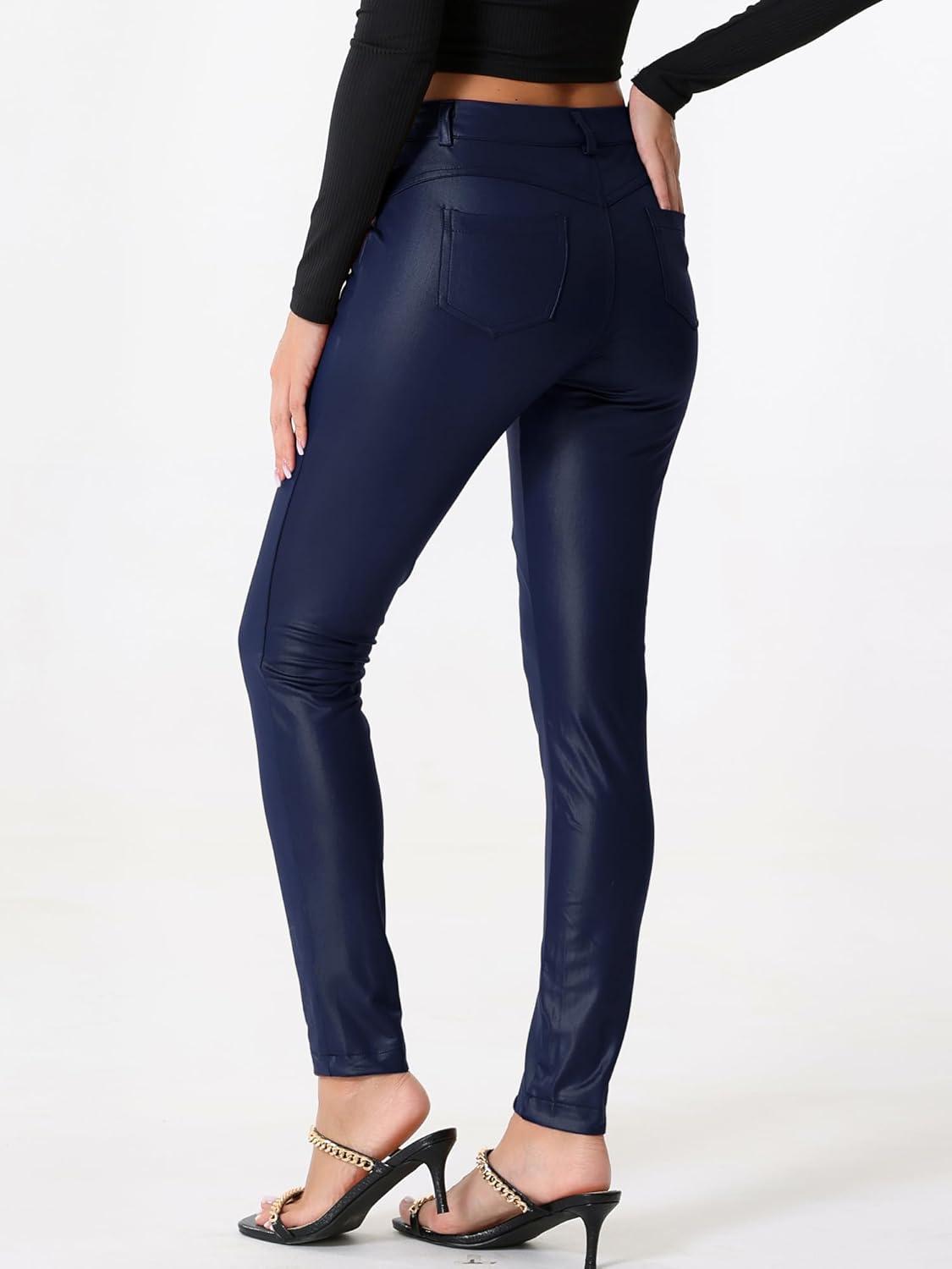 imageAllegra K Faux Leather Pants for Womens High Waist Stretch Slim Fit Motorcycle Legging PantsBlue