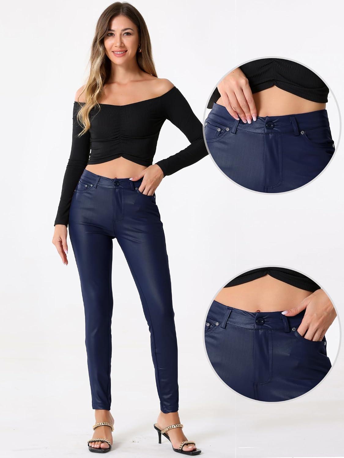 imageAllegra K Faux Leather Pants for Womens High Waist Stretch Slim Fit Motorcycle Legging PantsBlue