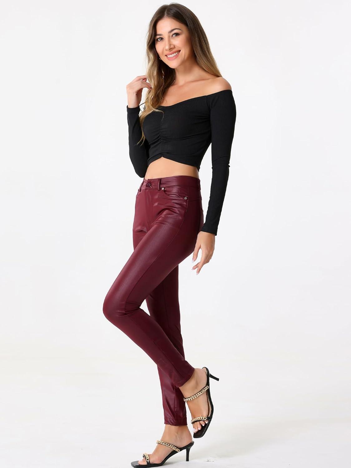 imageAllegra K Faux Leather Pants for Womens High Waist Stretch Slim Fit Motorcycle Legging PantsBurgundy