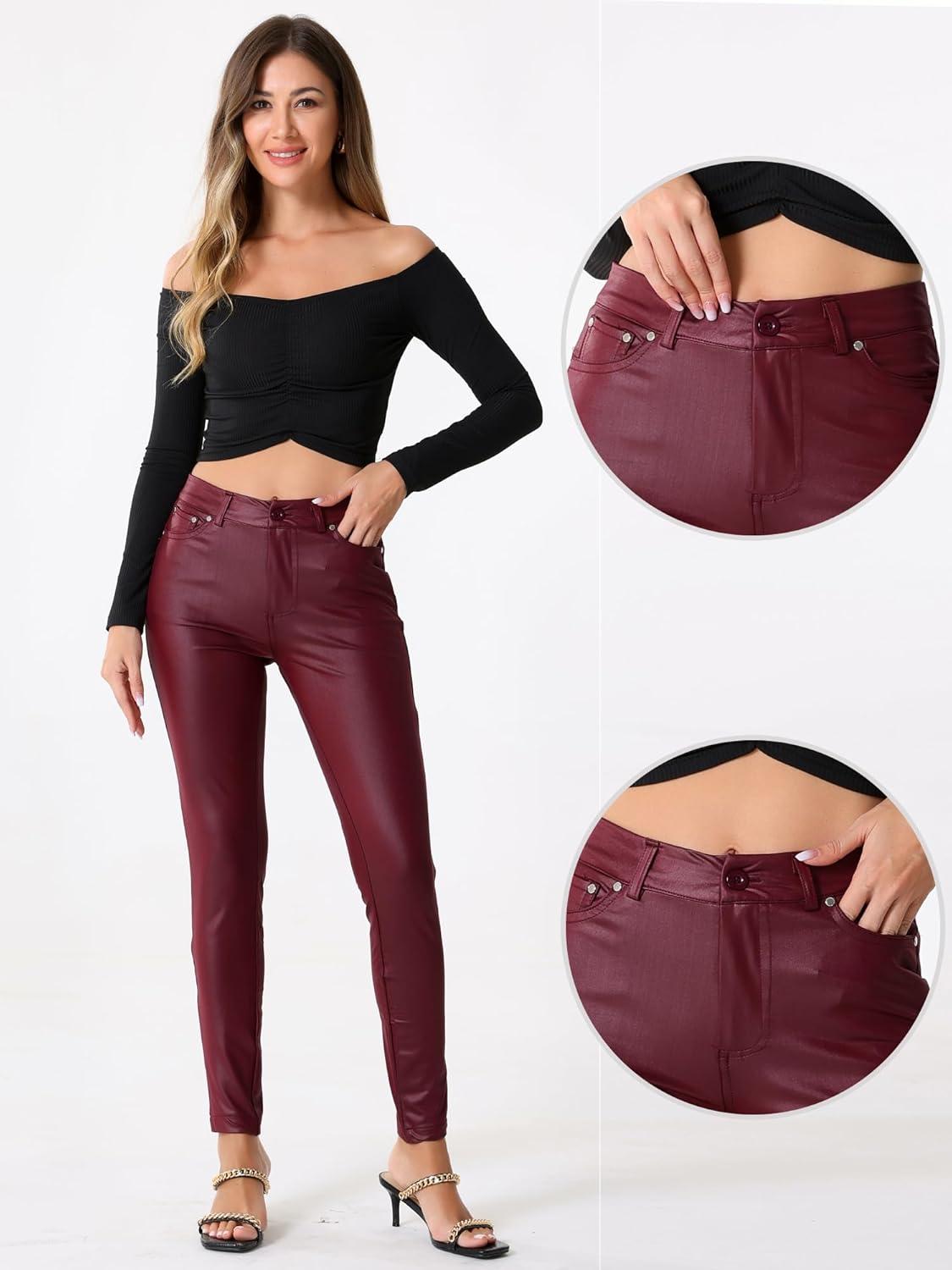 imageAllegra K Faux Leather Pants for Womens High Waist Stretch Slim Fit Motorcycle Legging PantsBurgundy
