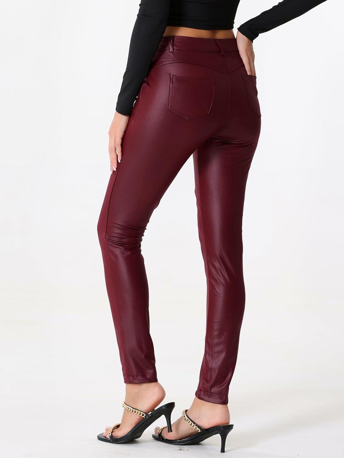 imageAllegra K Faux Leather Pants for Womens High Waist Stretch Slim Fit Motorcycle Legging PantsBurgundy
