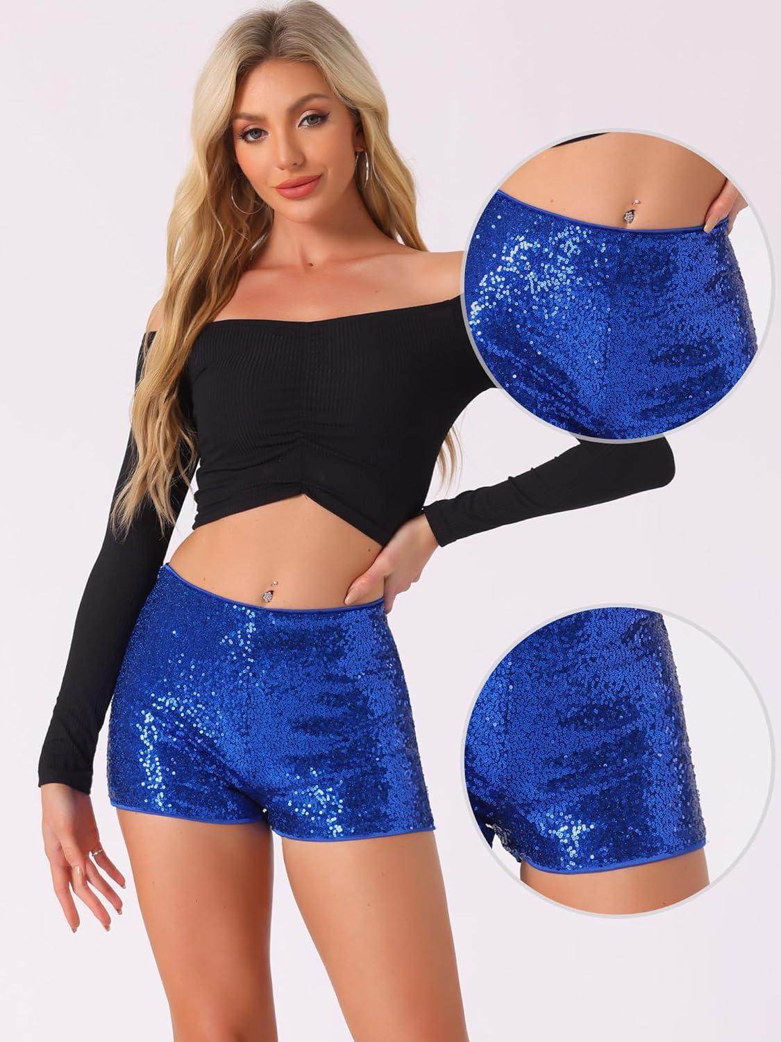 imageAllegra K Sequin Shorts for Women High Waist Party Night Out Concert Outfit Sparkly Mini ShortsBlue