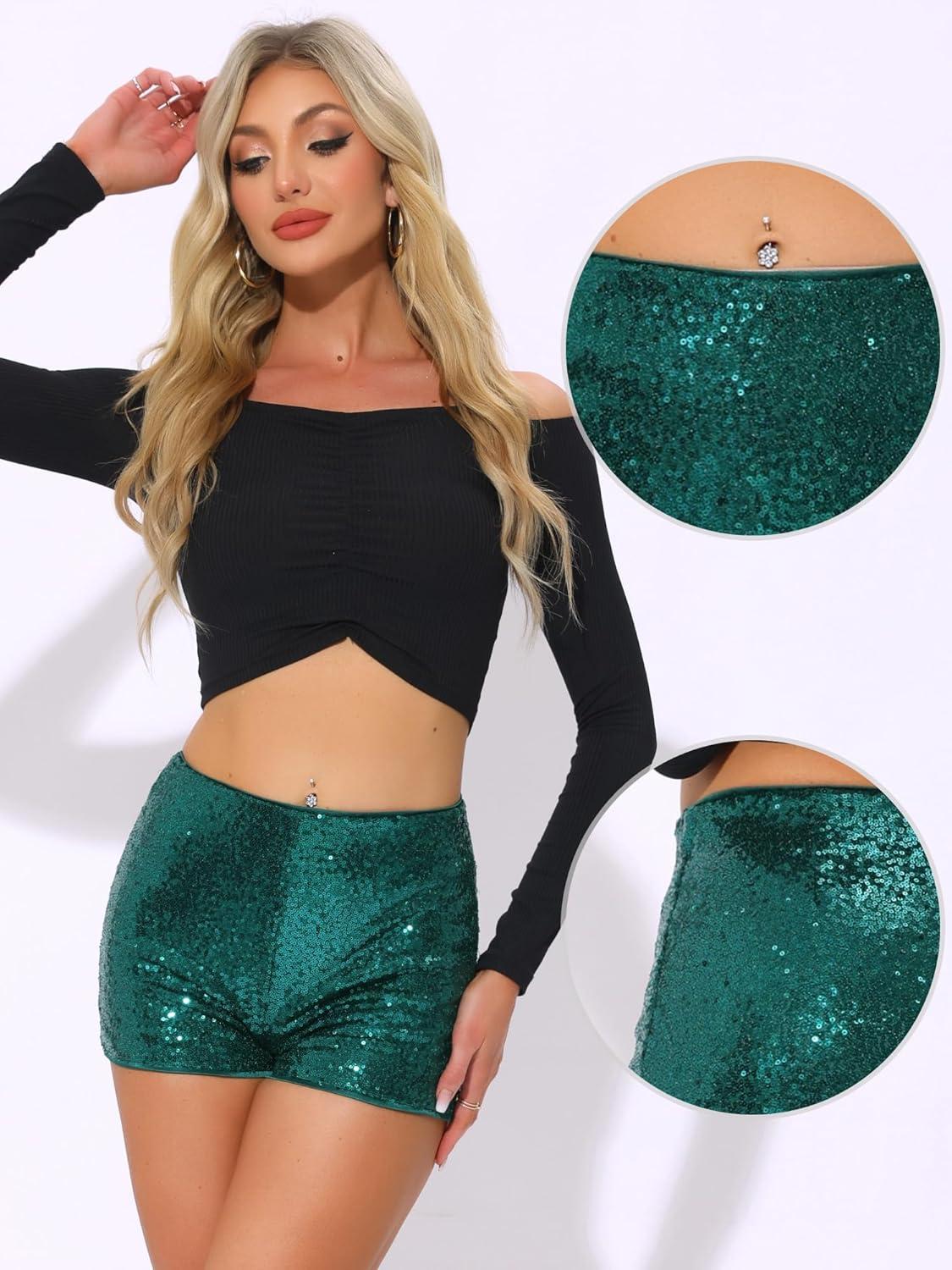 imageAllegra K Sequin Shorts for Women High Waist Party Night Out Concert Outfit Sparkly Mini ShortsDark Green