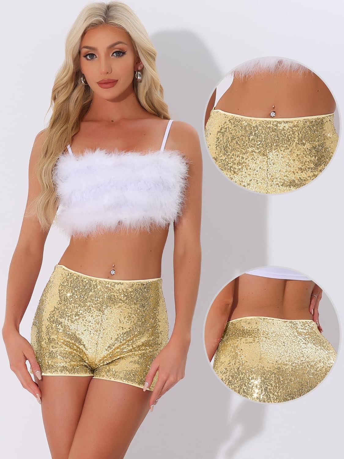 imageAllegra K Sequin Shorts for Women High Waist Party Night Out Concert Outfit Sparkly Mini ShortsGold