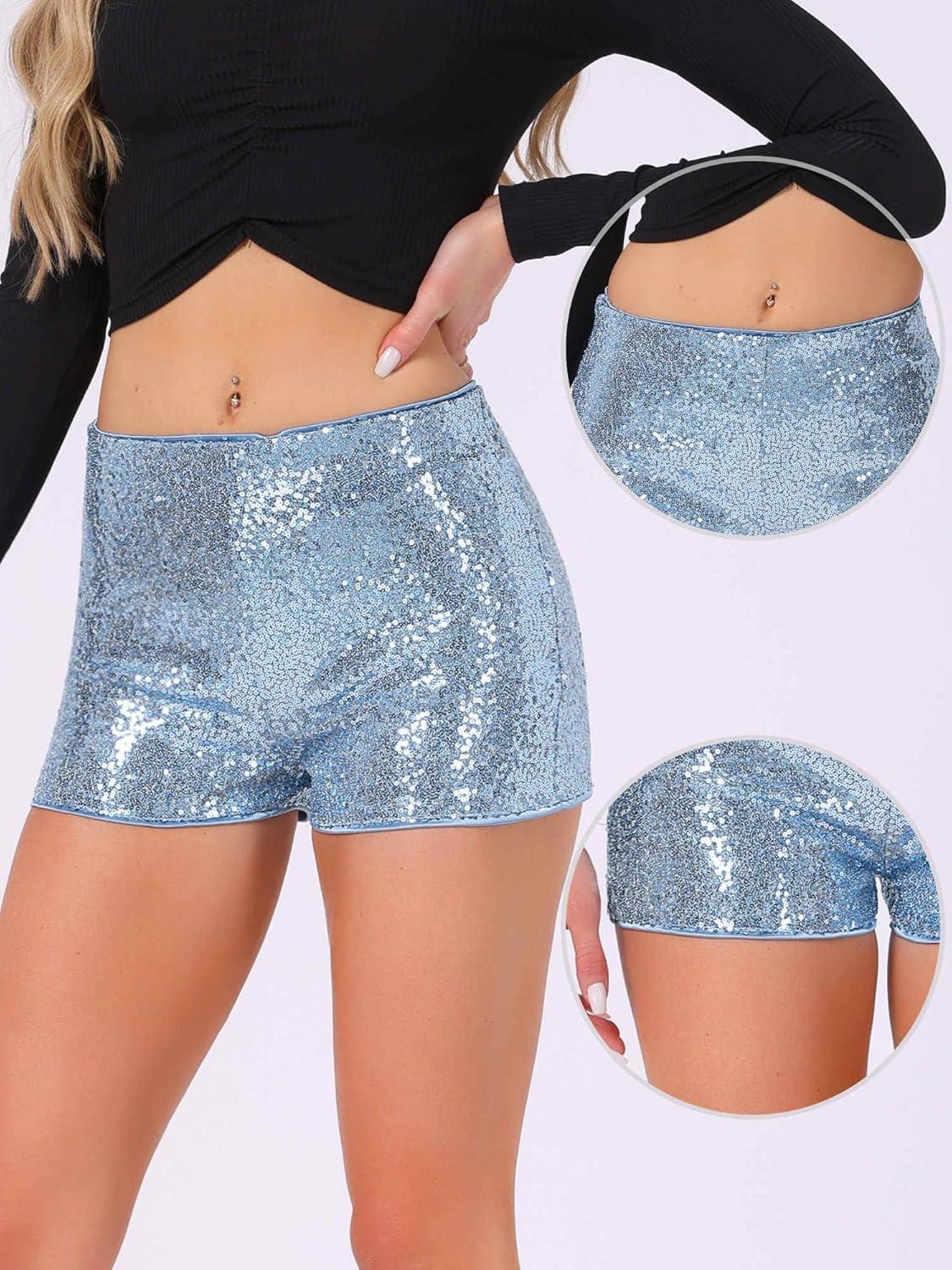 imageAllegra K Sequin Shorts for Women High Waist Party Night Out Concert Outfit Sparkly Mini ShortsLight Blue