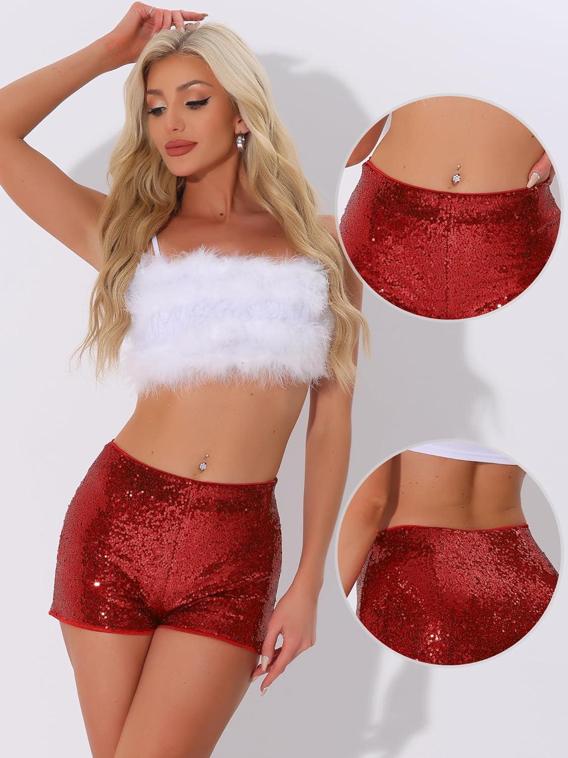 imageAllegra K Sequin Shorts for Women High Waist Party Night Out Concert Outfit Sparkly Mini ShortsRed