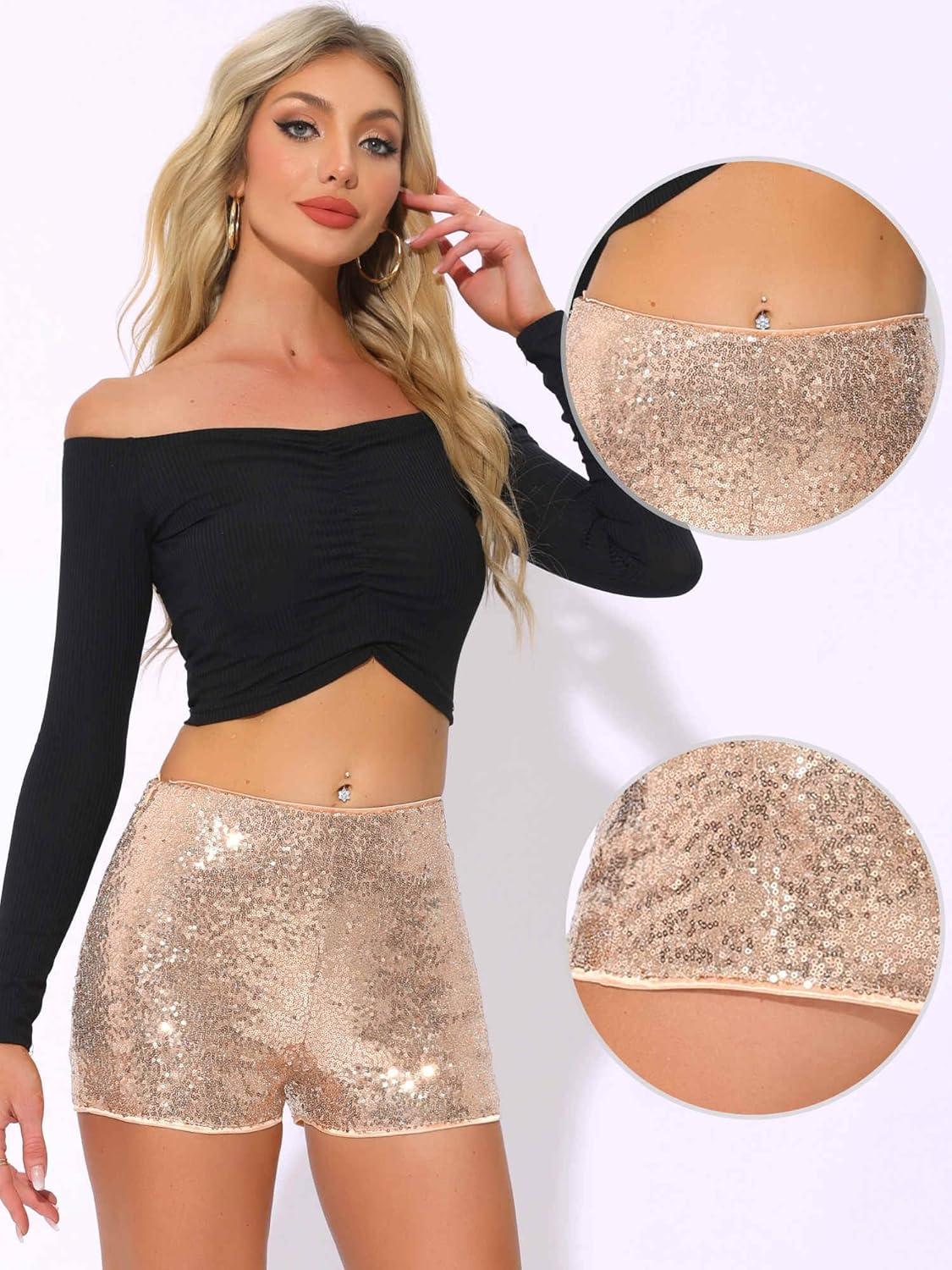 imageAllegra K Sequin Shorts for Women High Waist Party Night Out Concert Outfit Sparkly Mini ShortsRose Gold