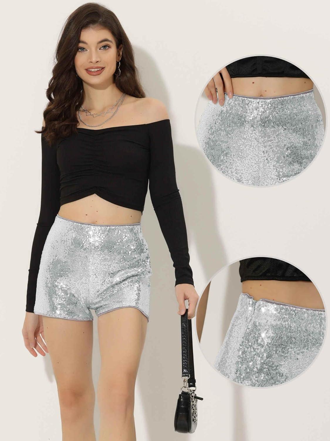 imageAllegra K Sequin Shorts for Women High Waist Party Night Out Concert Outfit Sparkly Mini ShortsSilver