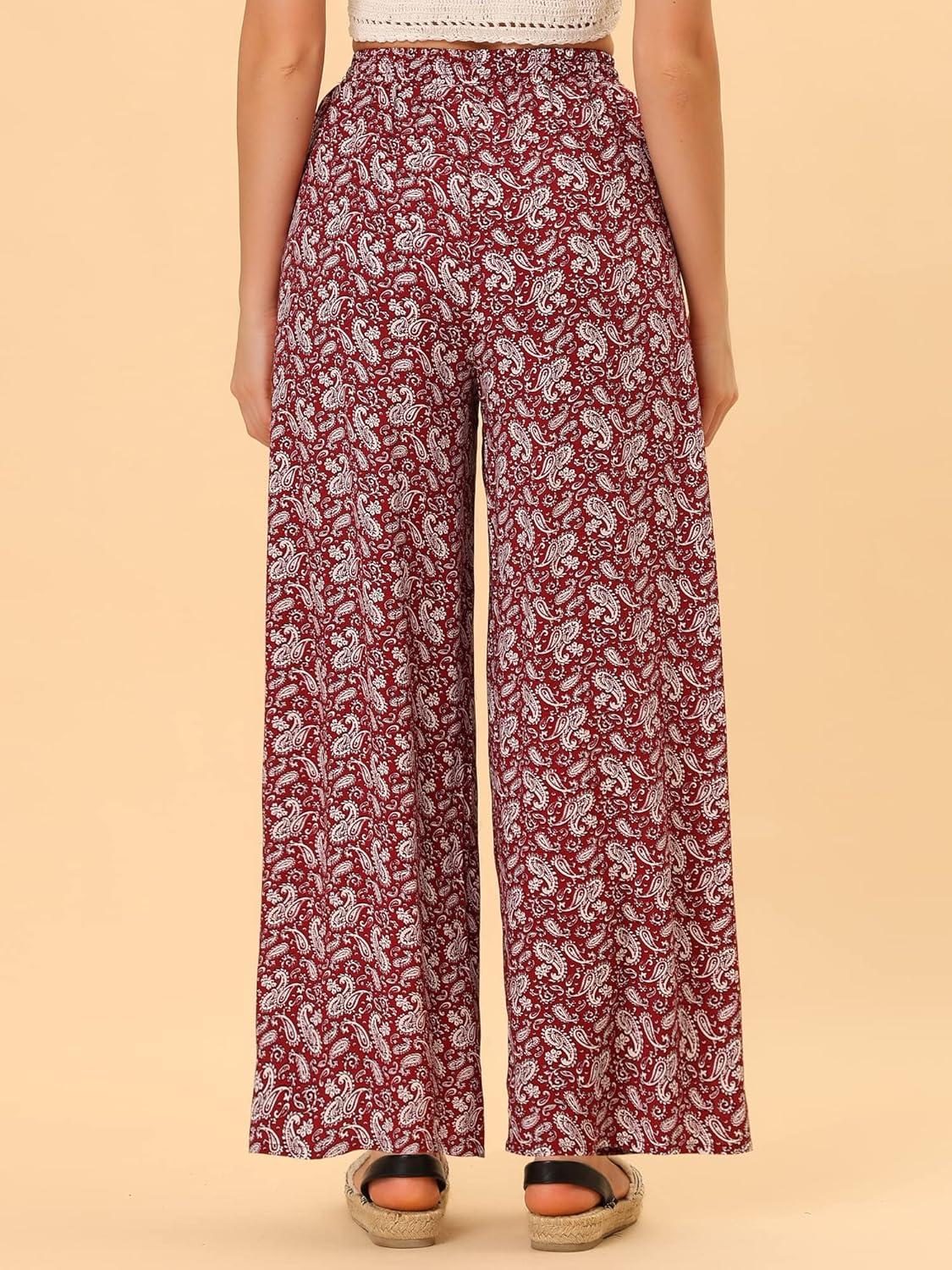 imageAllegra K Womens Boho High Waist Drawstring Split Flowy Wide Leg PantsRed