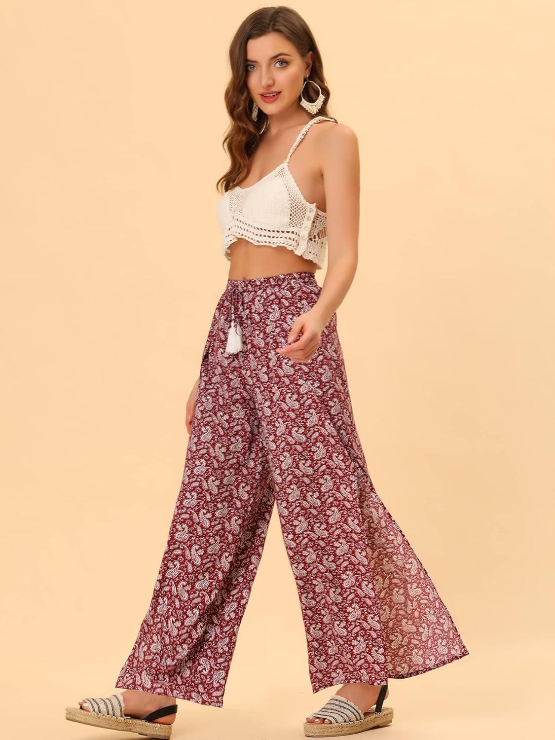 imageAllegra K Womens Boho High Waist Drawstring Split Flowy Wide Leg PantsRed