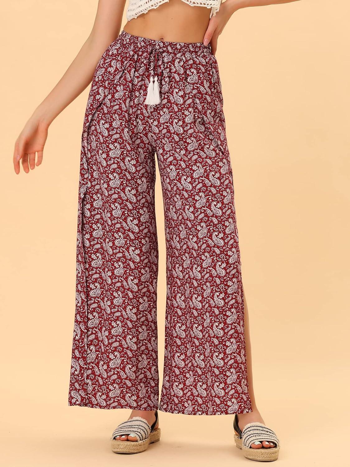 imageAllegra K Womens Boho High Waist Drawstring Split Flowy Wide Leg PantsRed