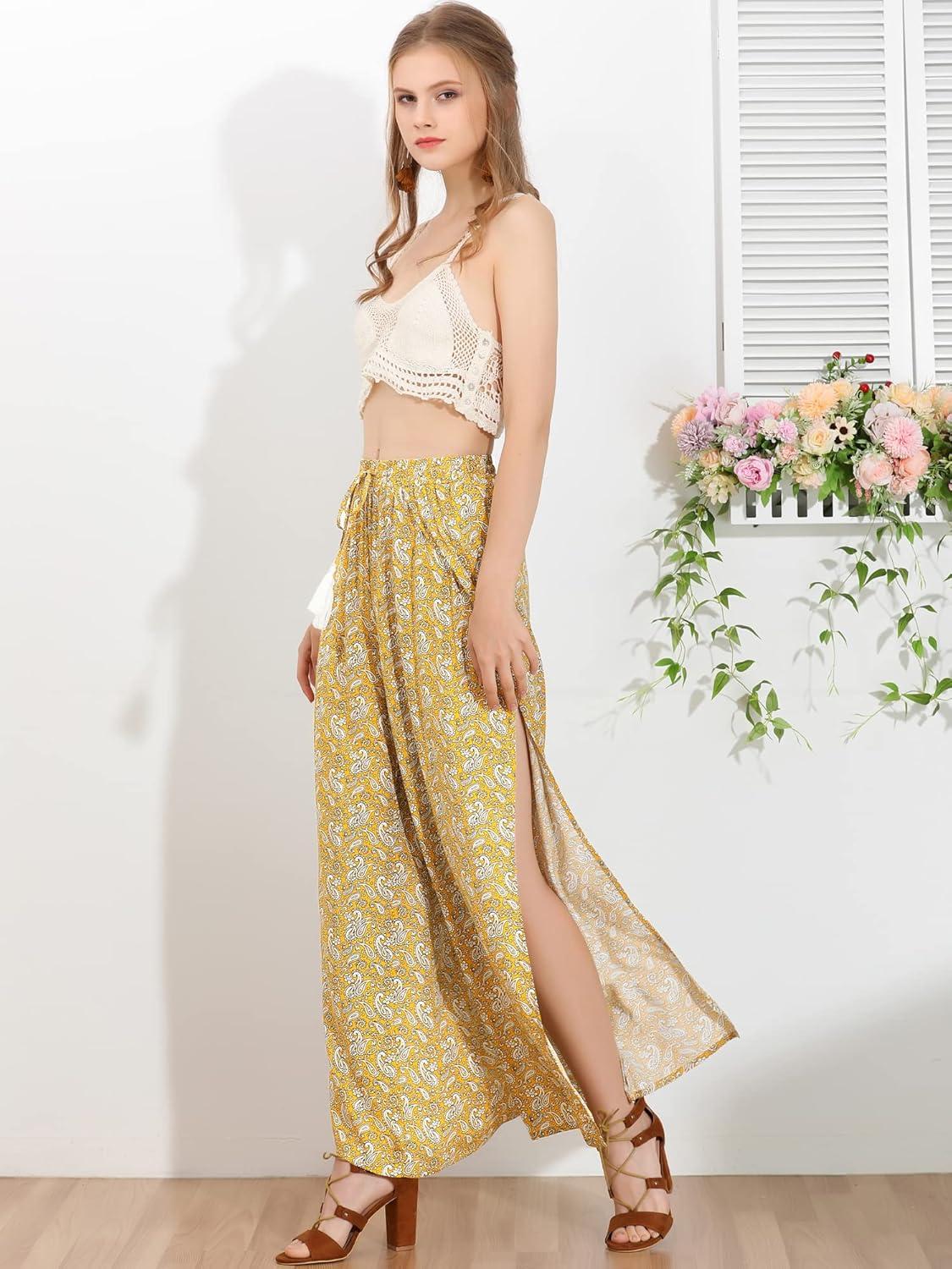 imageAllegra K Womens Boho High Waist Drawstring Split Flowy Wide Leg PantsYellow