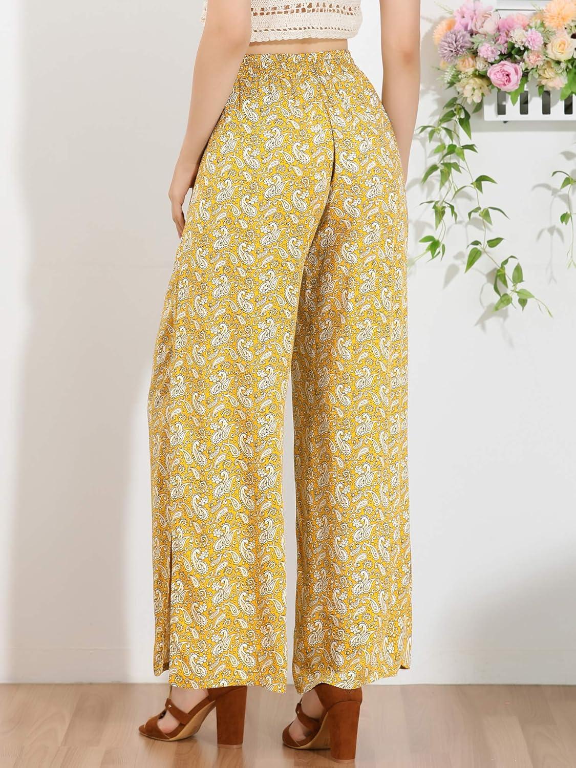 imageAllegra K Womens Boho High Waist Drawstring Split Flowy Wide Leg PantsYellow