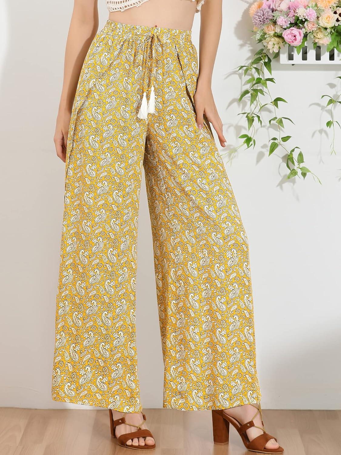 imageAllegra K Womens Boho High Waist Drawstring Split Flowy Wide Leg PantsYellow