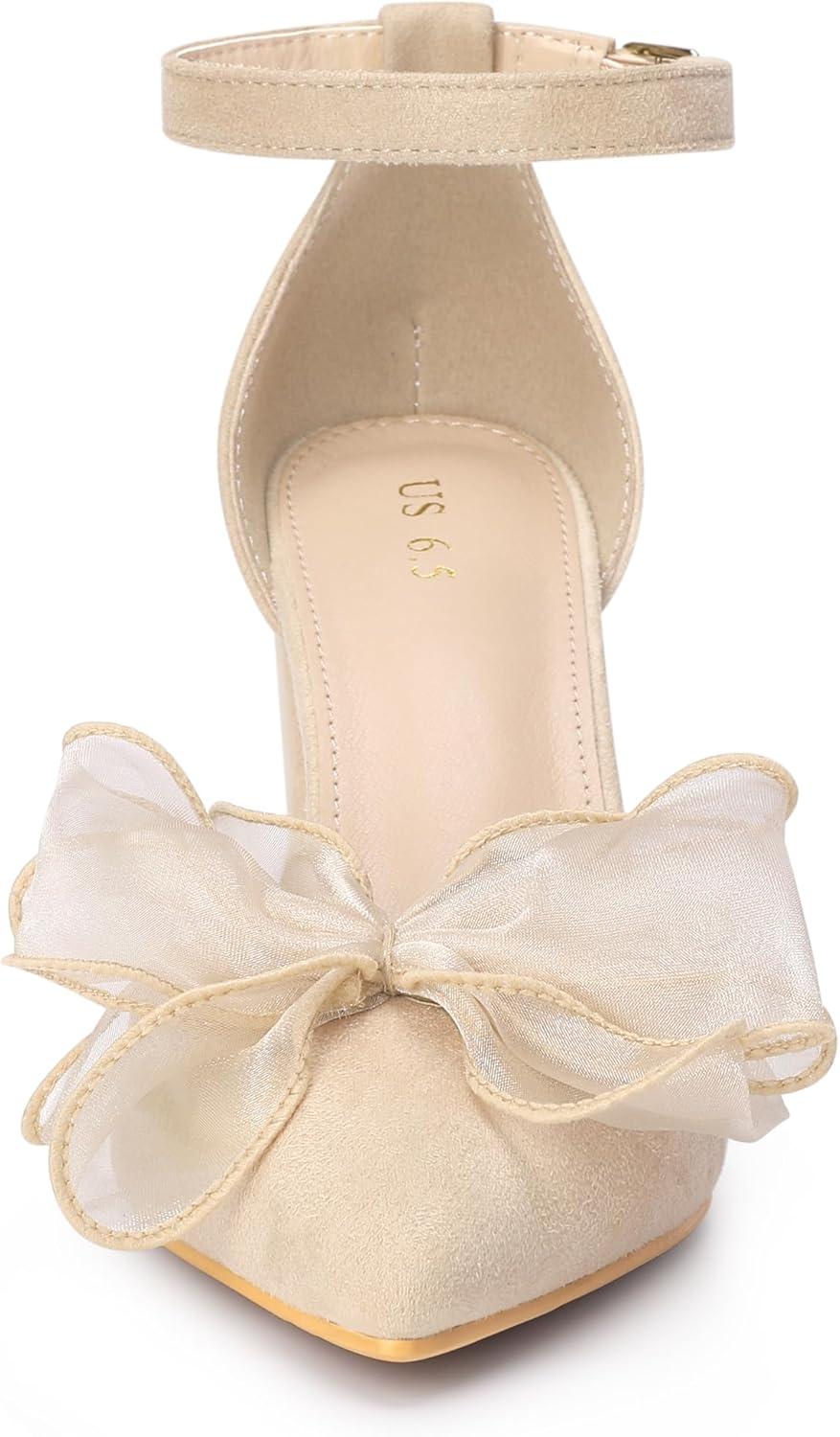 imageAllegra K Womens Bow Heels Closed Toe Chunky Heel Pumps SandalsBeige
