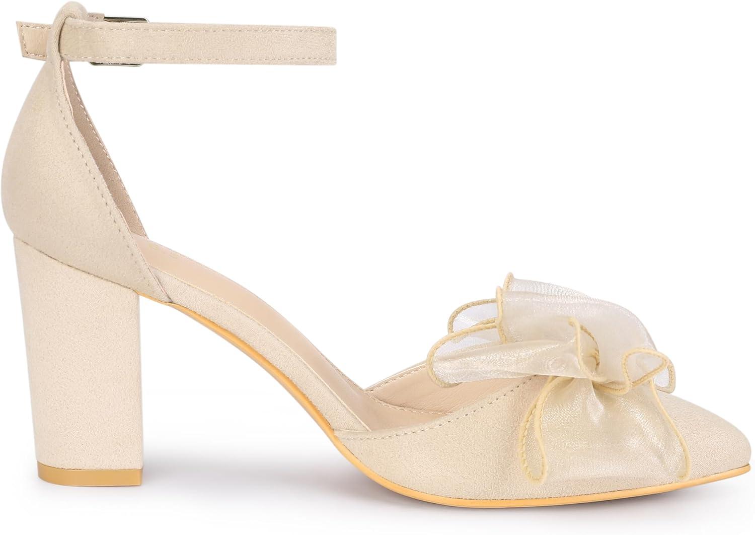 imageAllegra K Womens Bow Heels Closed Toe Chunky Heel Pumps SandalsBeige