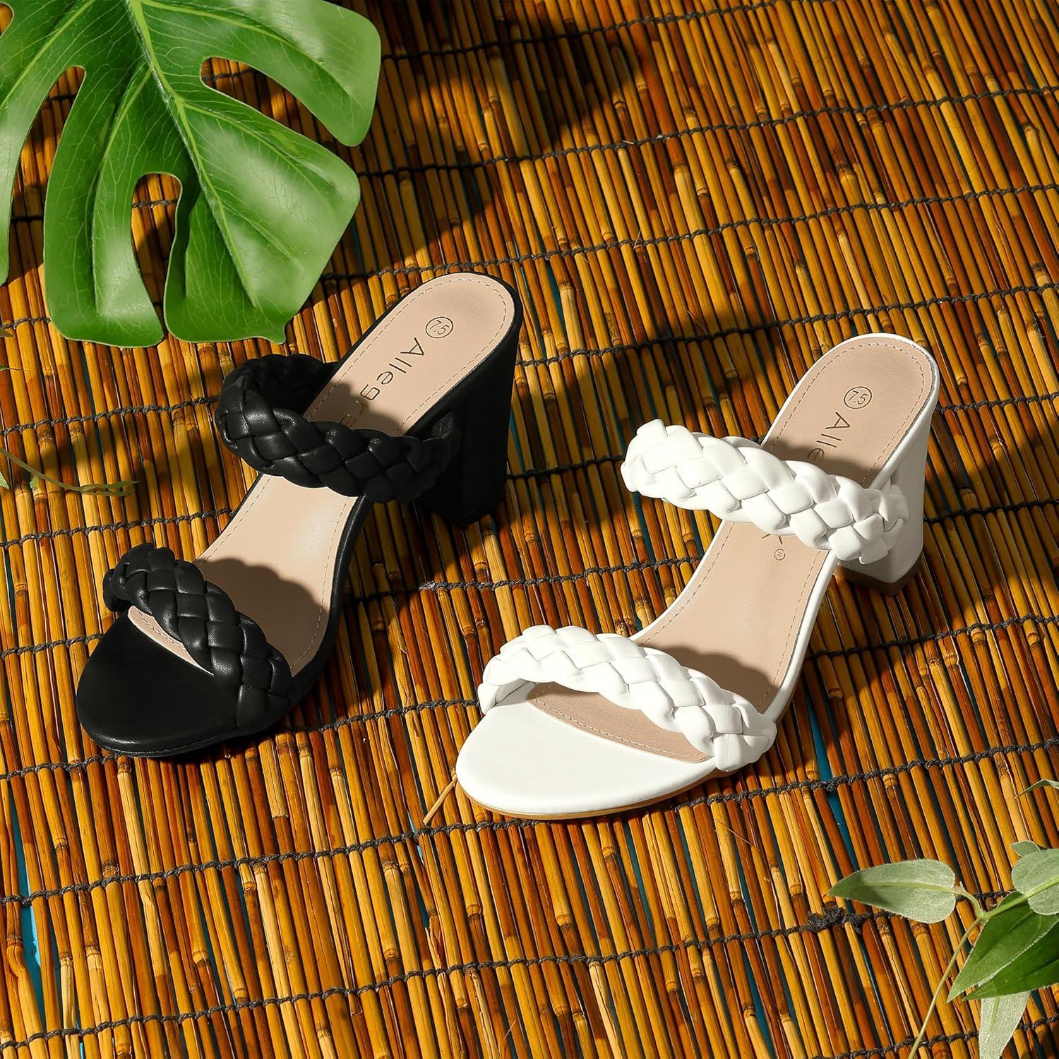 imageAllegra K Womens Braided Heeled Slip on Chunky Heel Slide SandalsWhite