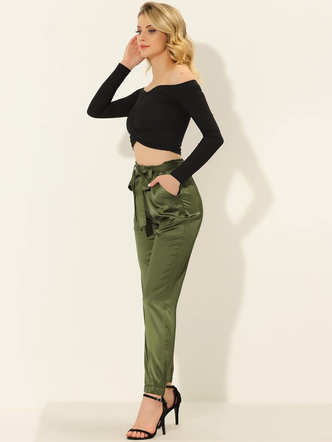 imageAllegra K Womens Casual High Waisted Ankle Length Bow Tie Waist Satin Pants with Pocket