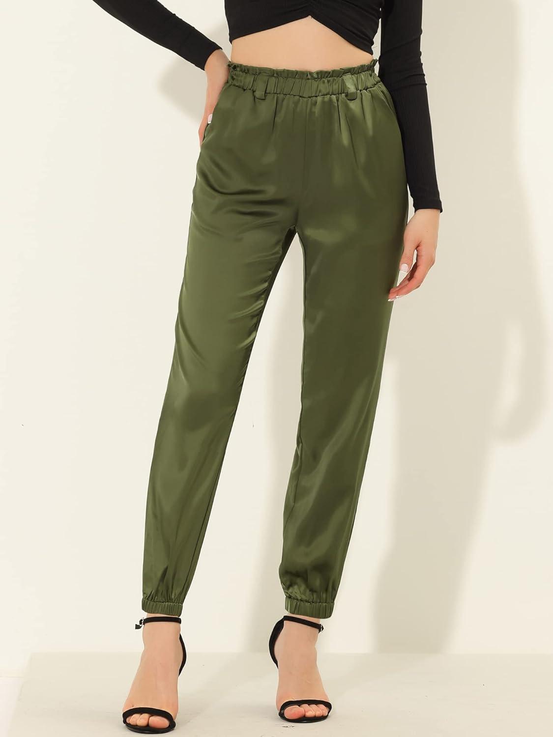 imageAllegra K Womens Casual High Waisted Ankle Length Bow Tie Waist Satin Pants with Pocket