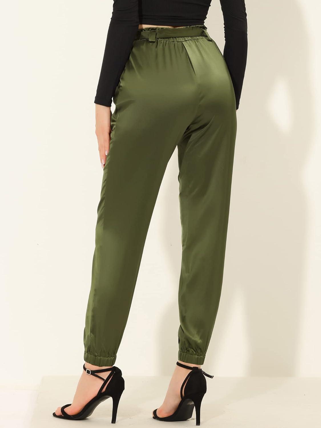 imageAllegra K Womens Casual High Waisted Ankle Length Bow Tie Waist Satin Pants with Pocket