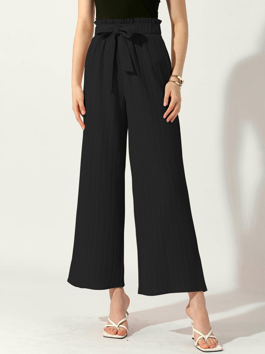 imageAllegra K Womens Casual Office Wide Leg Pants Elastic Waist Tie Knot Pleated Trouser with PocketsBlack