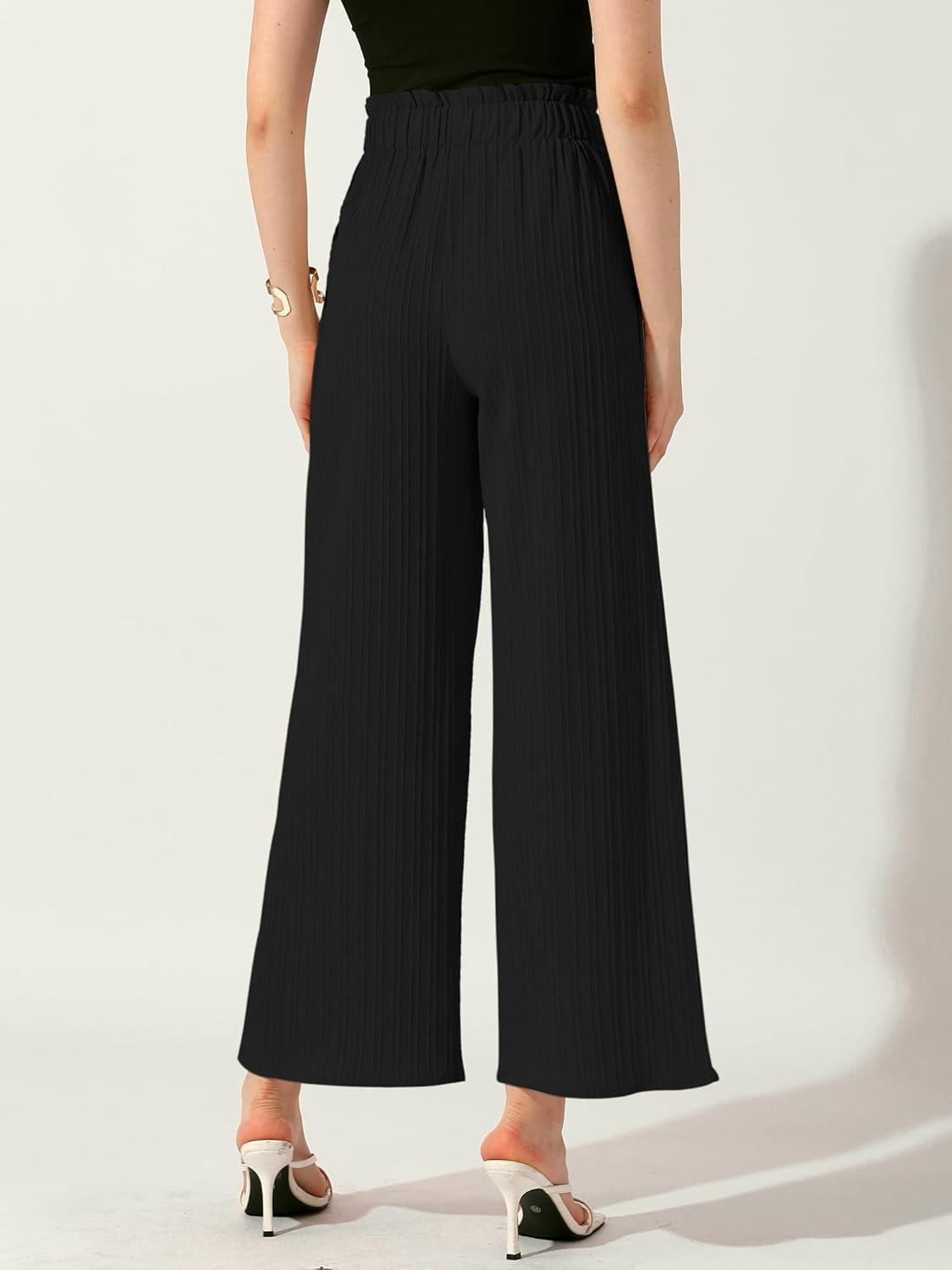 imageAllegra K Womens Casual Office Wide Leg Pants Elastic Waist Tie Knot Pleated Trouser with PocketsBlack