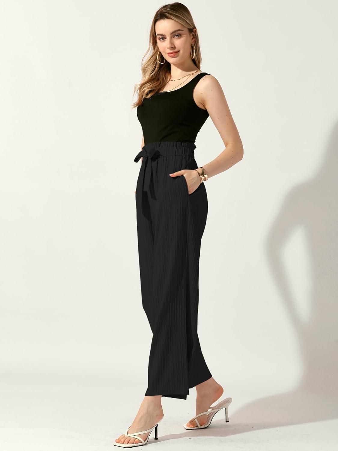 imageAllegra K Womens Casual Office Wide Leg Pants Elastic Waist Tie Knot Pleated Trouser with PocketsBlack