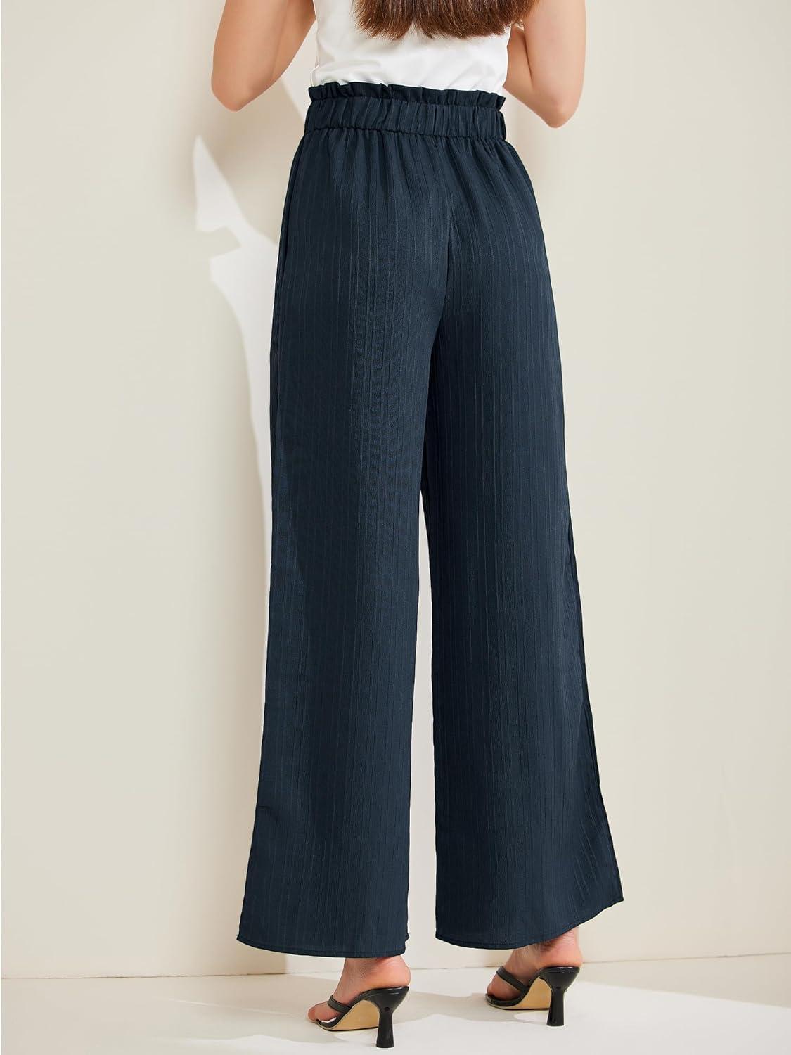 imageAllegra K Womens Casual Office Wide Leg Pants Elastic Waist Tie Knot Pleated Trouser with PocketsNavy