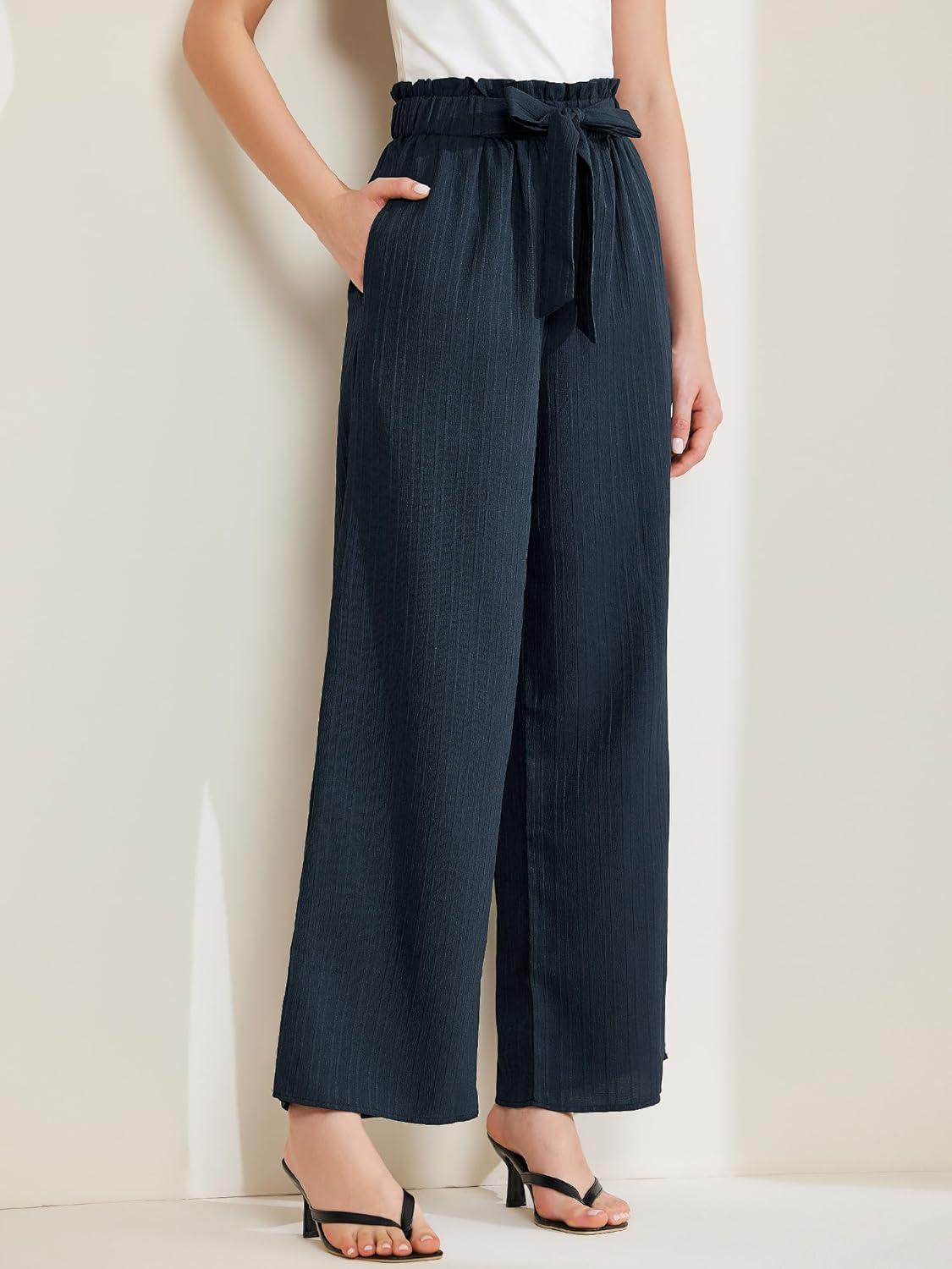 imageAllegra K Womens Casual Office Wide Leg Pants Elastic Waist Tie Knot Pleated Trouser with PocketsNavy