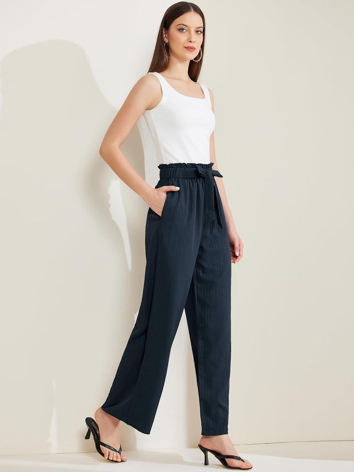 imageAllegra K Womens Casual Office Wide Leg Pants Elastic Waist Tie Knot Pleated Trouser with PocketsNavy